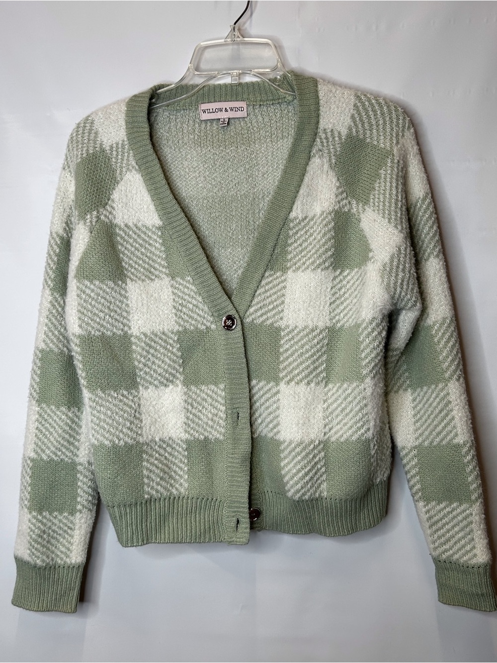 Willow & Wind Sage and Cream Check V-Neck Cardigan